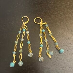 Blue and gold dangling earrings, beaded. 2.75 inches.
